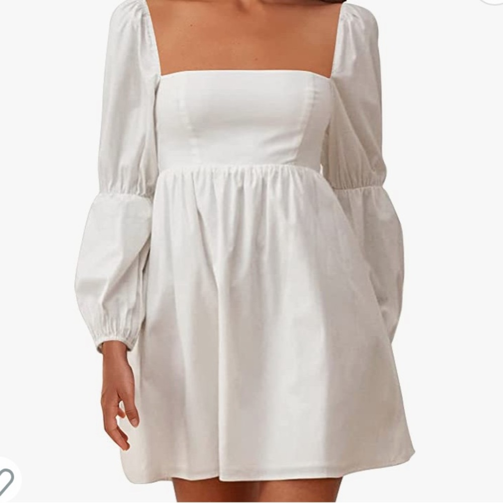 EXLURA Womens Square Neck Dress Long Puff Sleeve A-Line Casual Short Mini Dress
